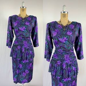 80s Does 40s Floral Paisley Peplum Flounce Dress